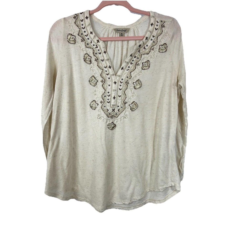 Lucky Brand Boho Embroidered Linen Blend Top Medium Oatmeal Metallic Beaded Y2K